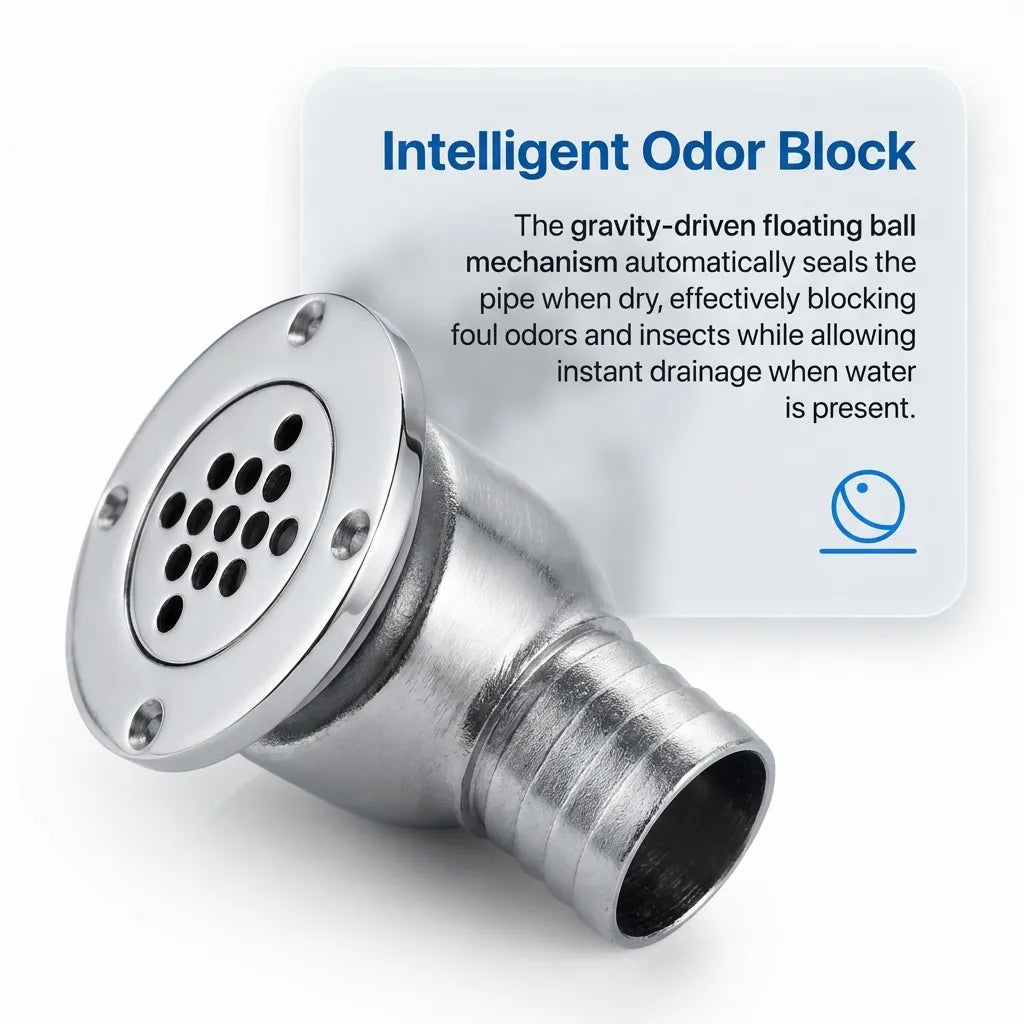 Infographic explaining the gravity-driven floating ball mechanism that automatically seals the pipe to block foul odors and insects.