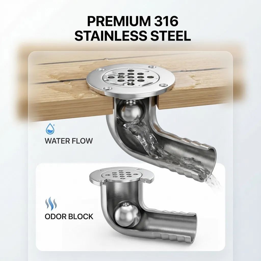 Cross-section diagram illustrating the floating ball mechanism: showing water flow when draining and the odor block seal when dry.
