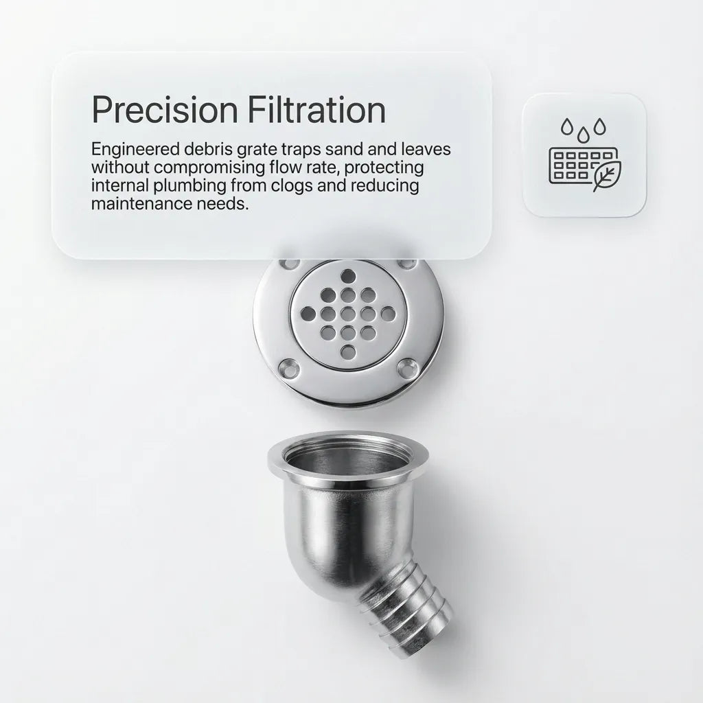 Close-up of the engineered debris grate designed to trap sand and leaves while maintaining high-flow drainage rates.