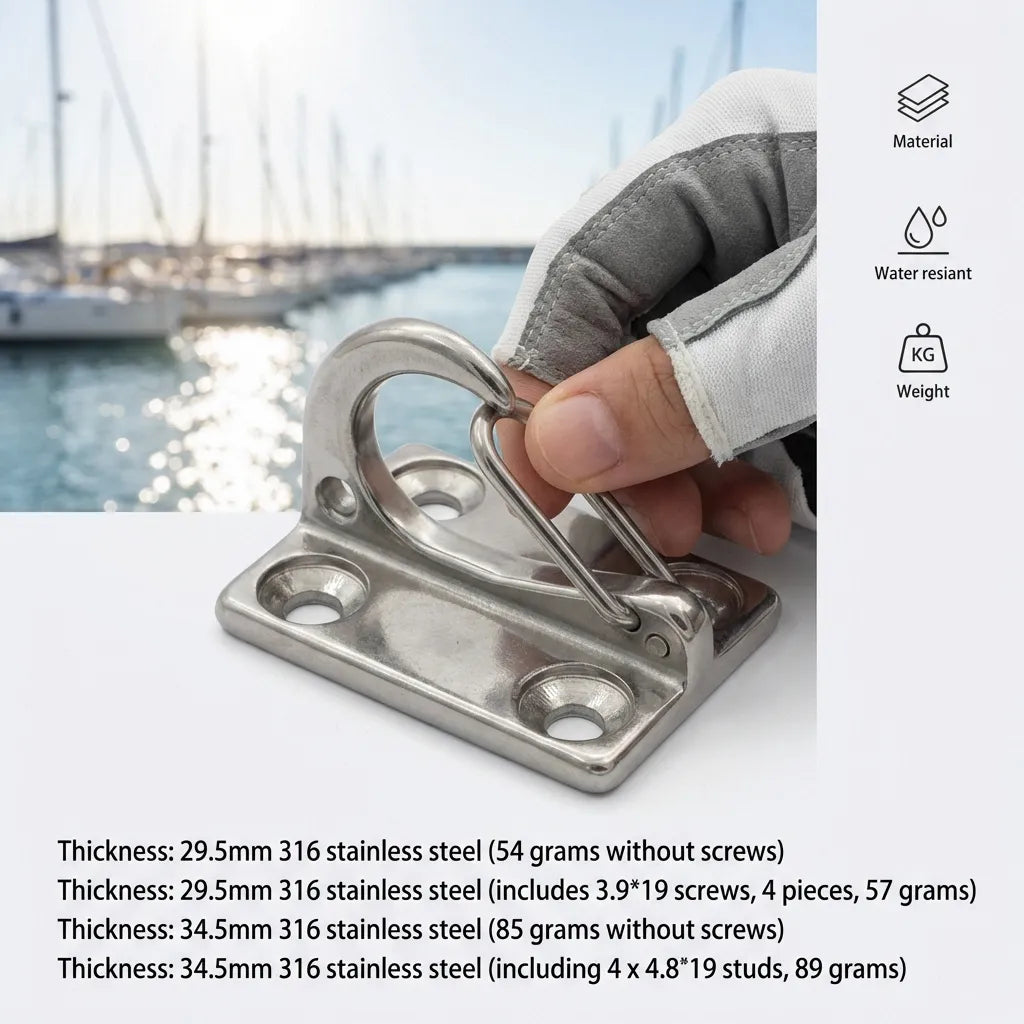 A person wearing a sailing glove interacting with the fender hook near the water, providing scale and showing the easy-to-use spring latch.