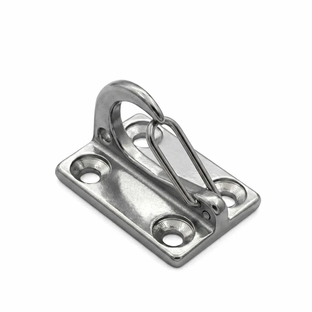 High-mirror polished 316 stainless steel rectangular snap fender hook on a white background, featuring a spring-loaded safety latch and four-hole mounting base.