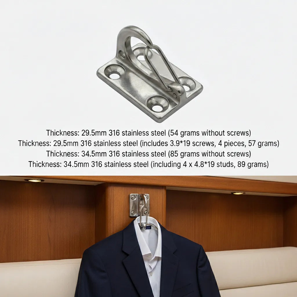 The 316 stainless steel hook mounted in a yacht cabin interior being used as a heavy-duty garment hanger, demonstrating versatile utility.