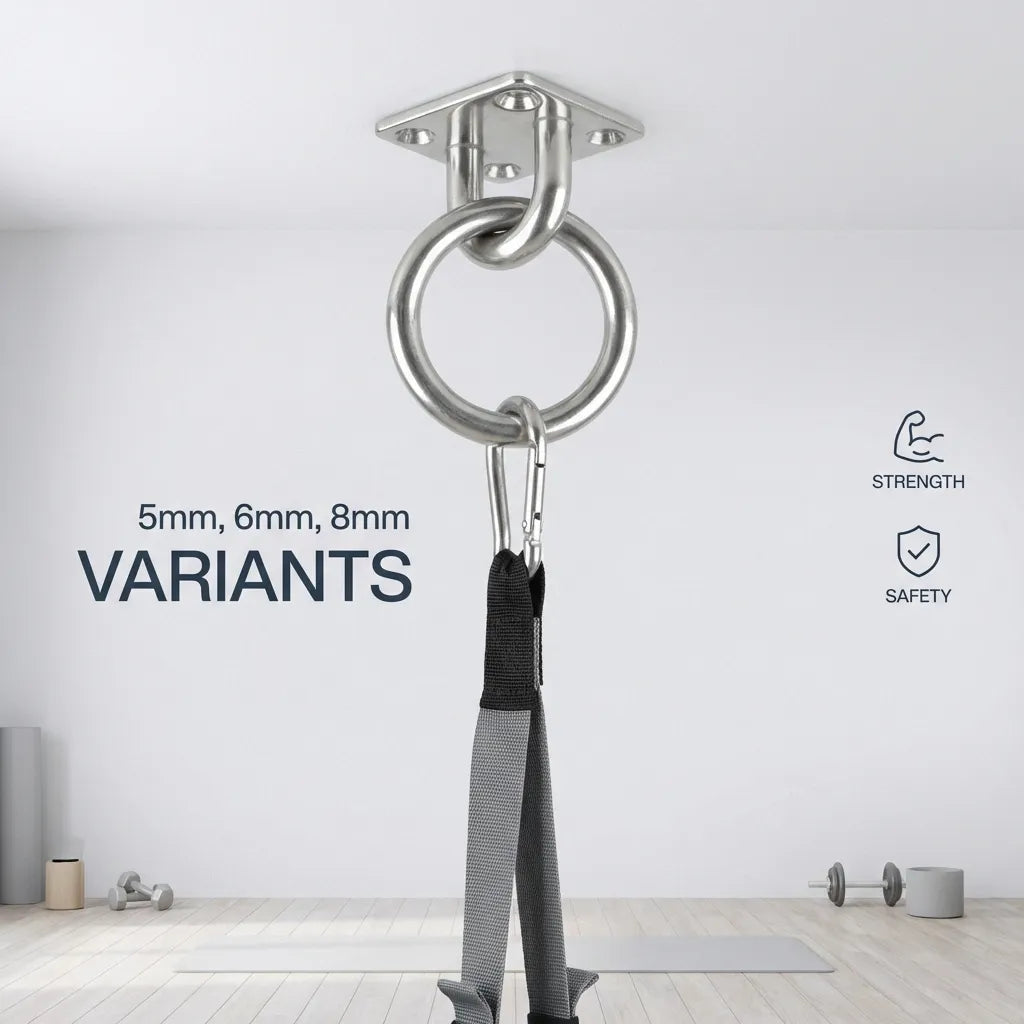 The square eye plate installed on a ceiling as a heavy-duty suspension anchor for fitness straps.