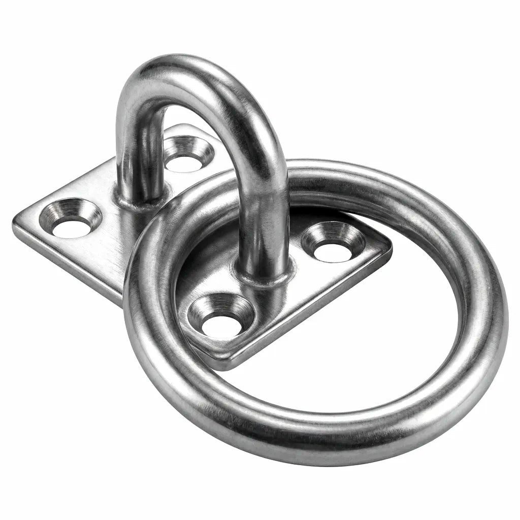 Mirror-polished 316 stainless steel square eye plate with a captive heavy-duty ring on a white background.