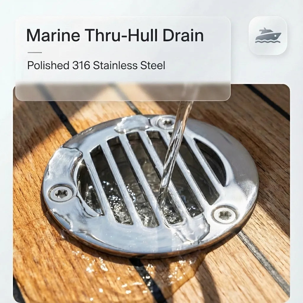 Close-up action shot of water flowing through the 316 stainless steel floor drain installed on a teak yacht deck.