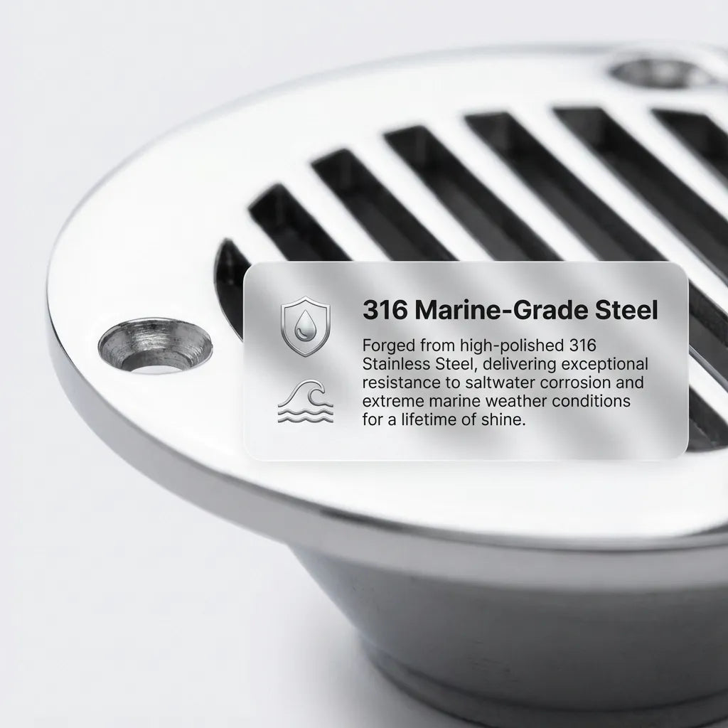 Detailed zoom on the polished surface of the 316 marine-grade steel showing high corrosion resistance and mirror finish.