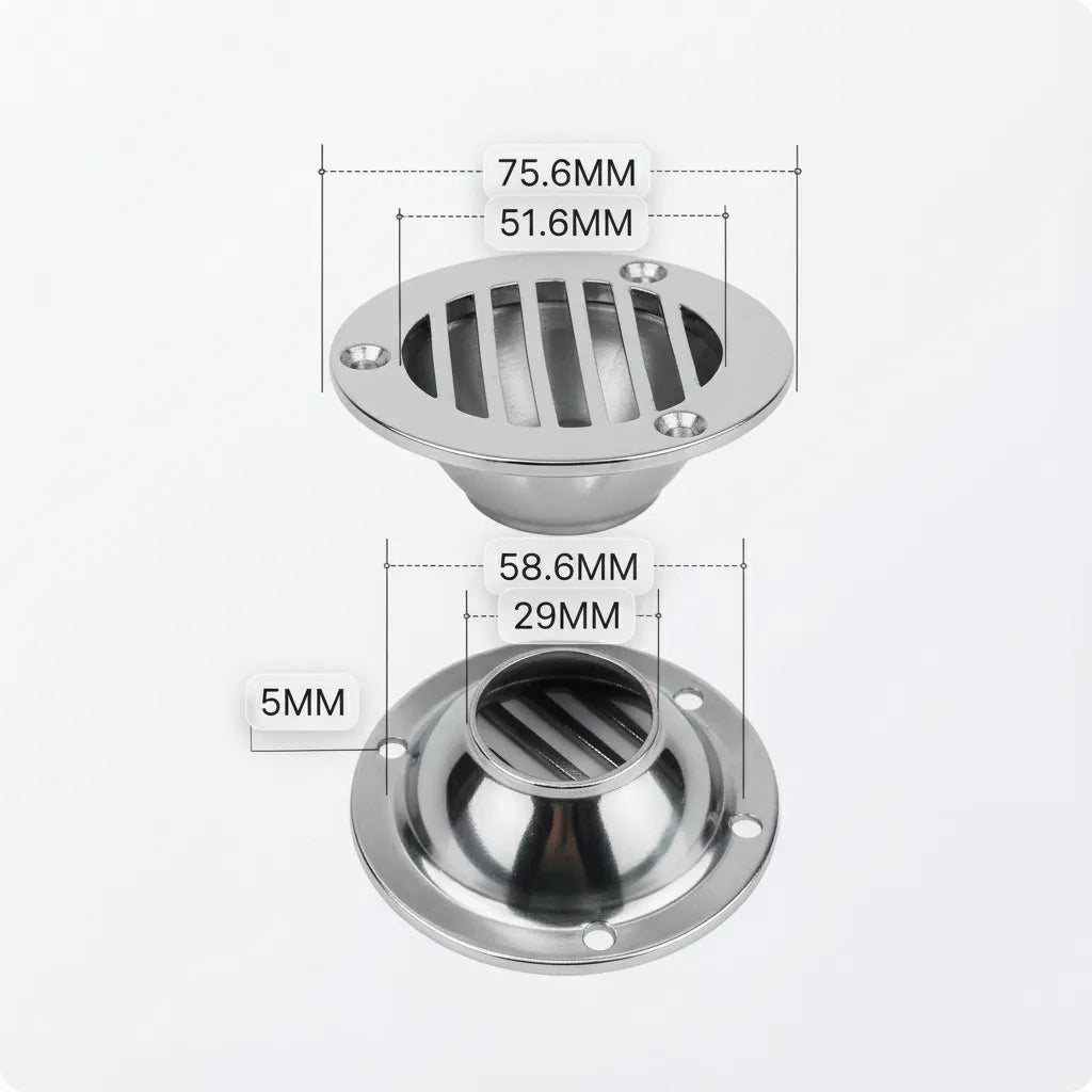 Technical dimensions diagram showing 75.6mm flange diameter, 51.6mm opening, 58.6mm base width, and 29mm depth for the boat drain.