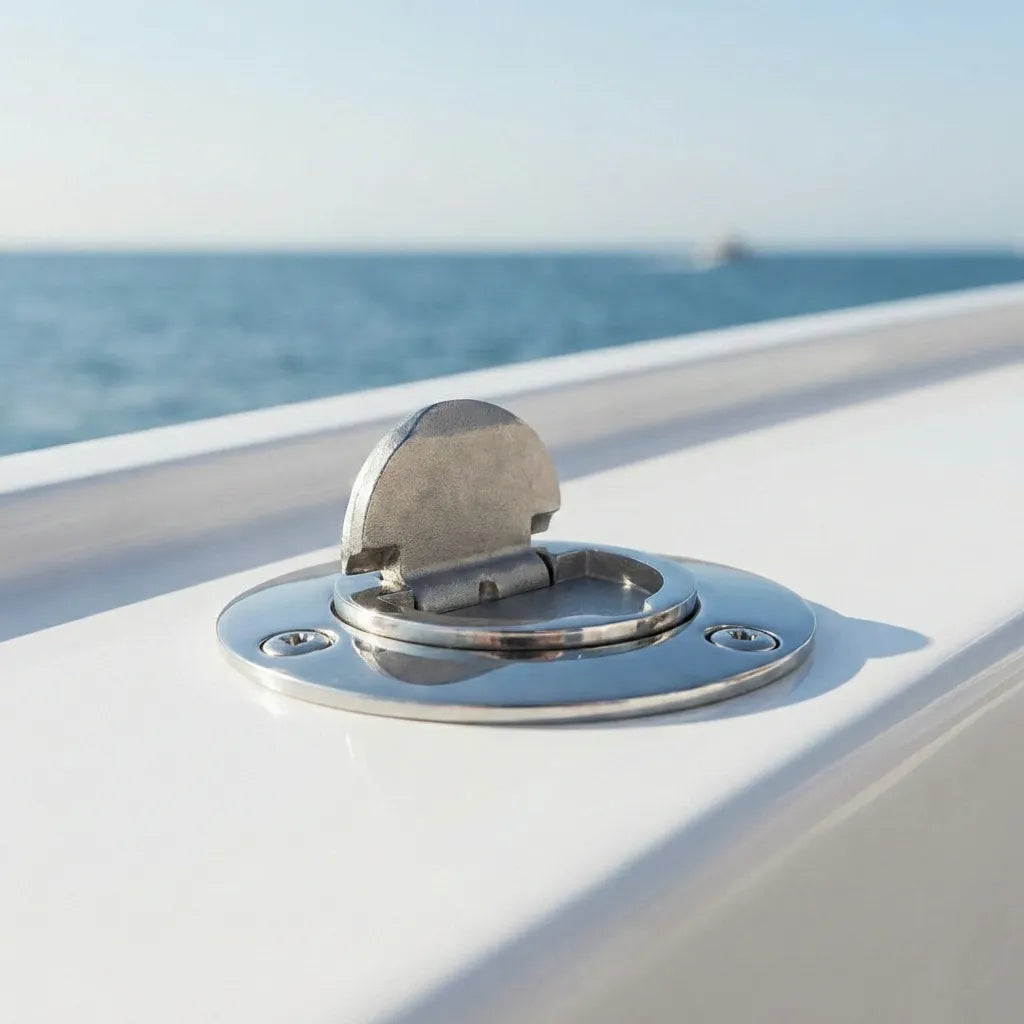 Close-up view of the keyless water deck fill installed on a white fiberglass boat deck with an ocean background.