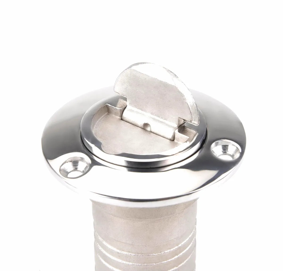 Mirror-polished 316 stainless steel water deck fill with keyless pop-up tab on a white background.