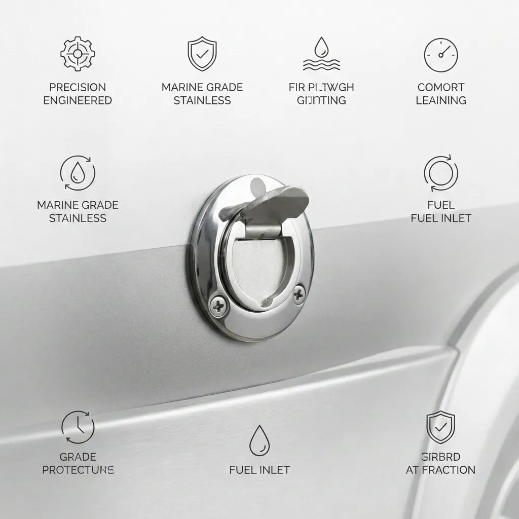Side-angle view of the stainless steel deck fill mounted flush on a boat's gunwale, showing the pop-up cap open.