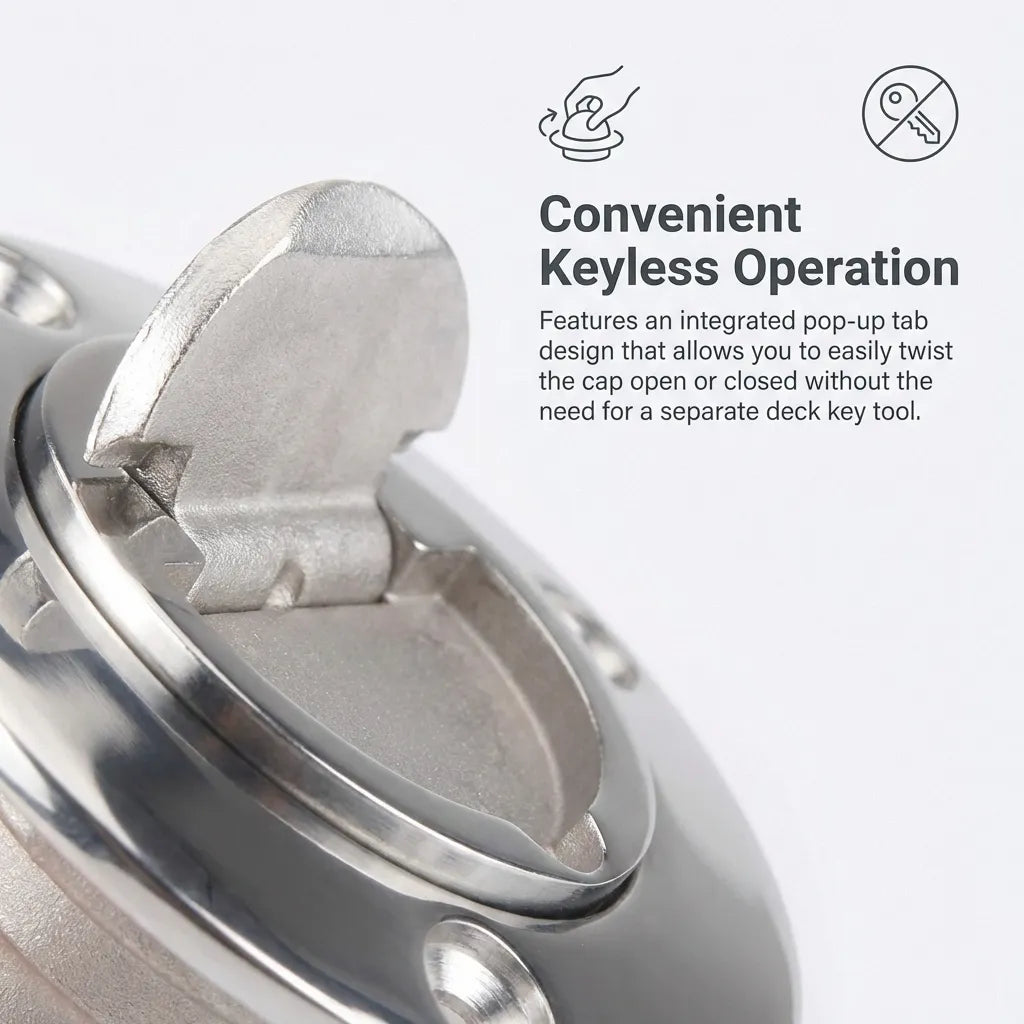 Close-up of the integrated flip-up tab that allows for manual opening without the need for a separate deck key.