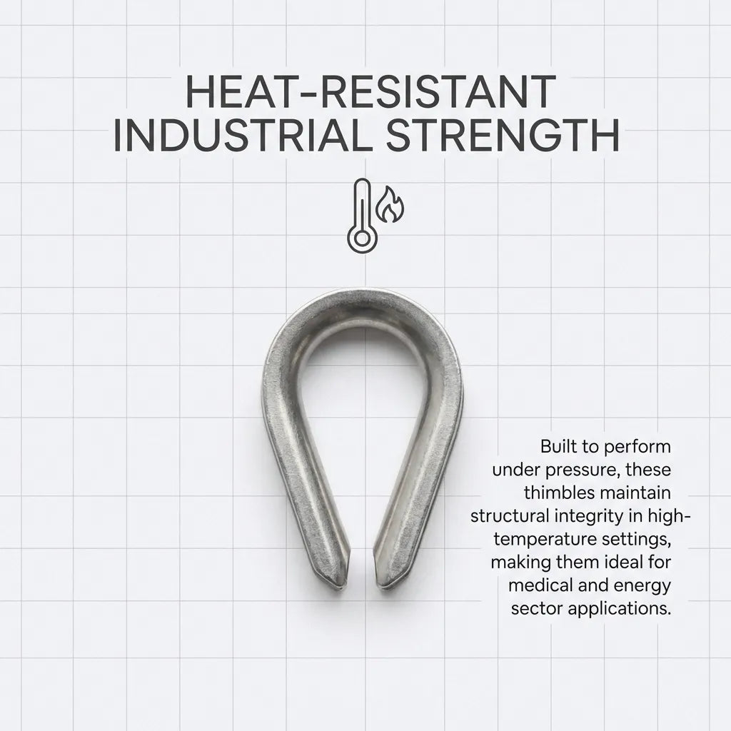 Diagram explaining the heat-resistant industrial strength of the thimble for medical and energy sector applications.
