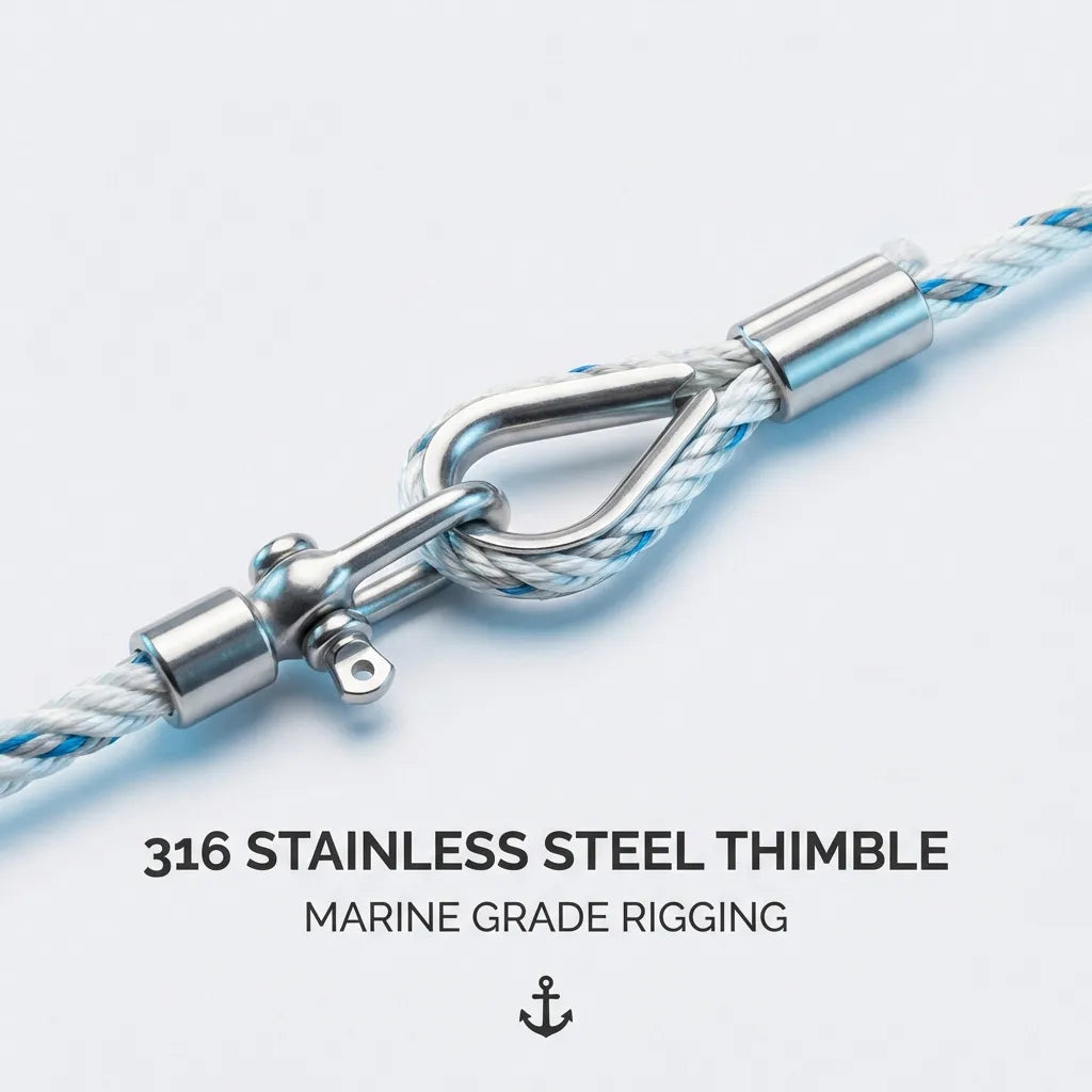316 Stainless steel thimble installed on a braided marine rope with a quick-release shackle.