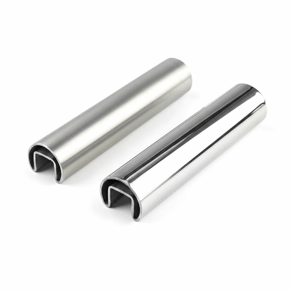 Hero shot of two 316L stainless steel mini top rails showing the satin brushed and mirror polished finishes on a pure white background.