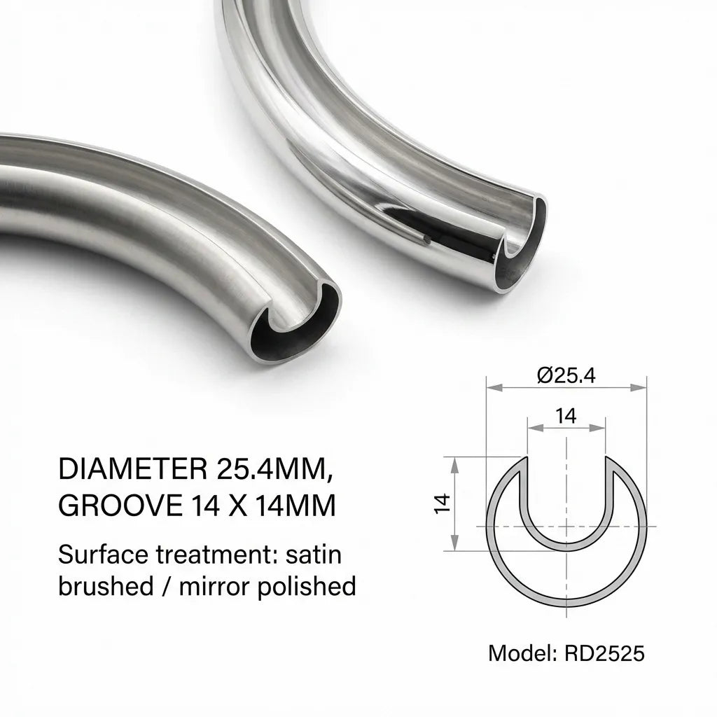 Cross-section diagram and photography of the RD2525 model round profile with 25.4mm diameter and 14x14mm internal groove.