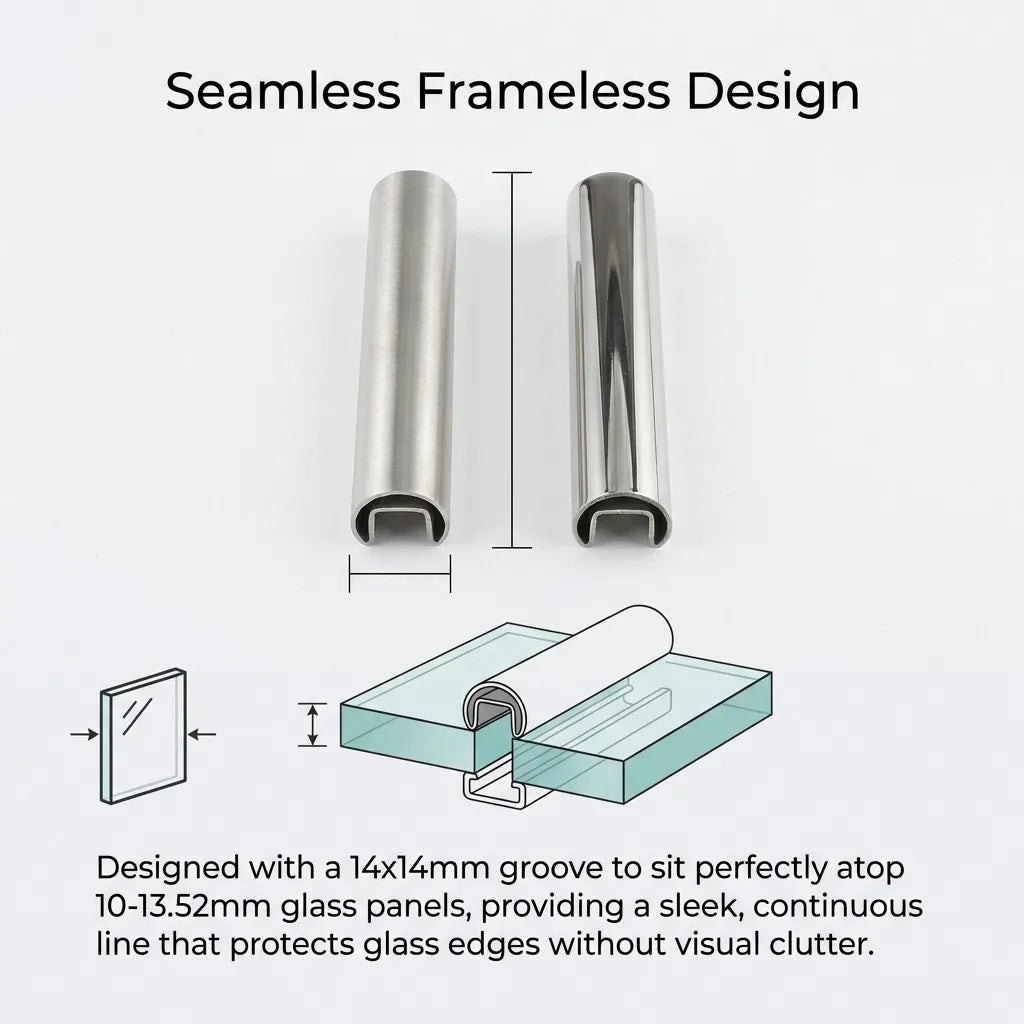 Diagram showing the 14x14mm groove designed to sit atop 10mm to 13.52mm glass panels for a seamless frameless railing design.