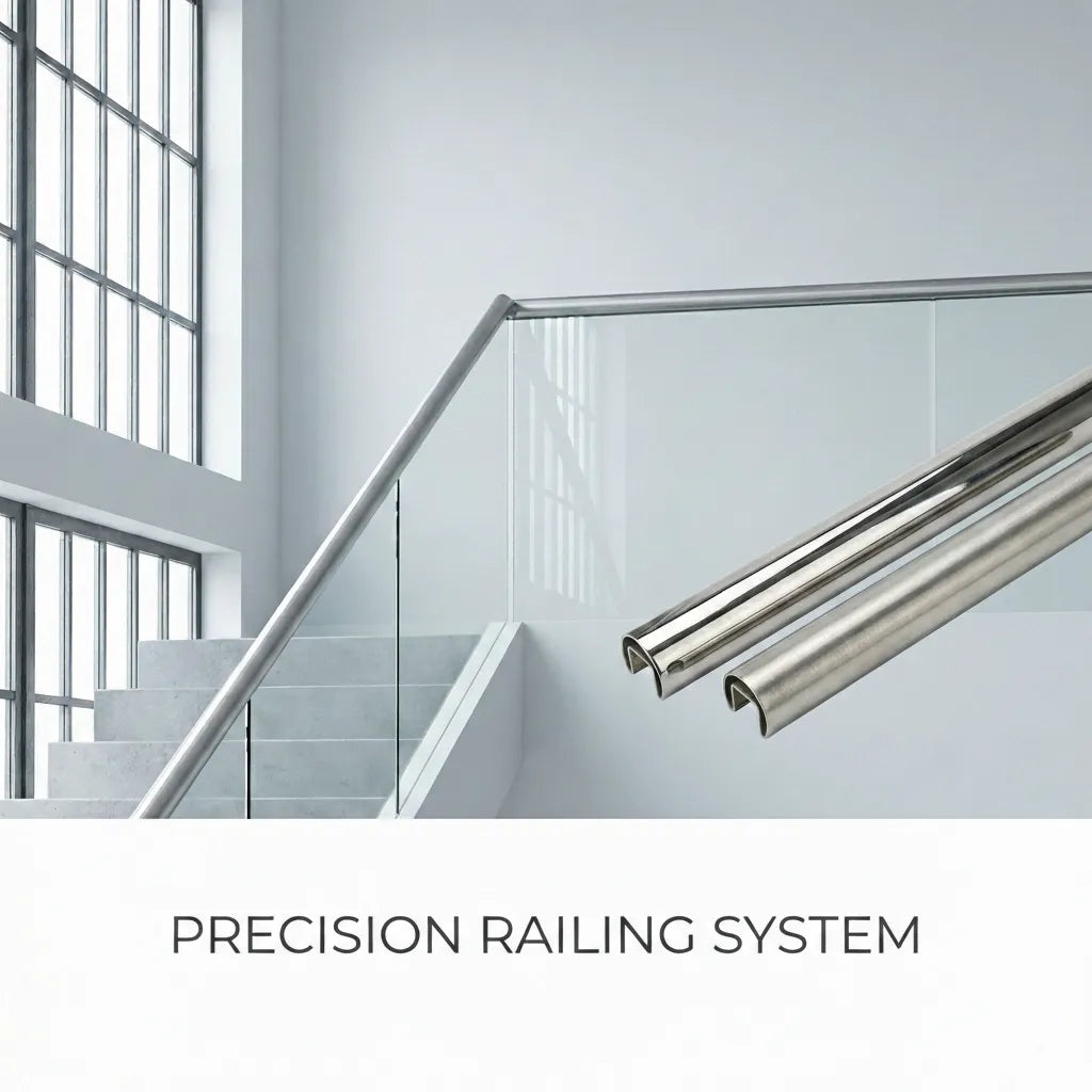 Modern architectural interior showing the stainless steel mini top rail installed on a frameless glass staircase for a sleek, minimalist look.