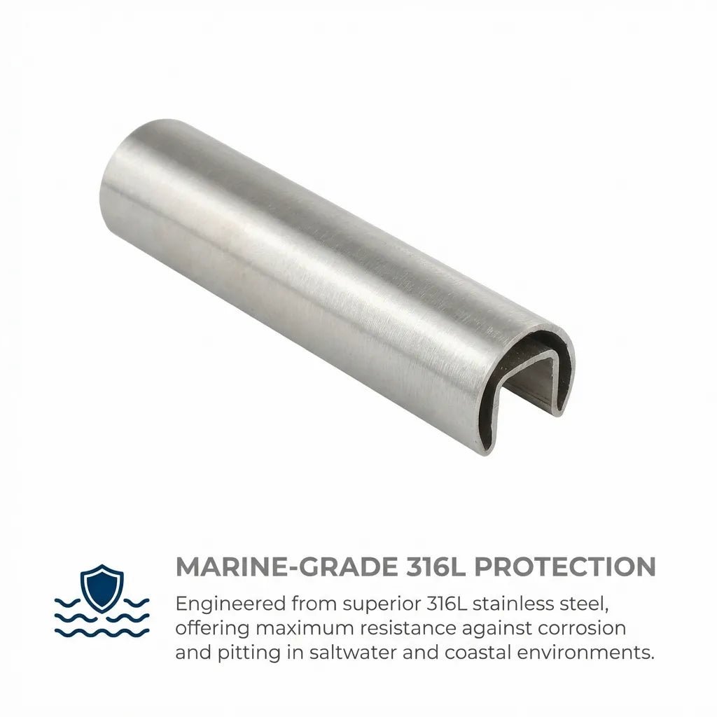 Technical detail highlighting the 316L marine-grade stainless steel composition offering maximum resistance against saltwater corrosion and pitting.