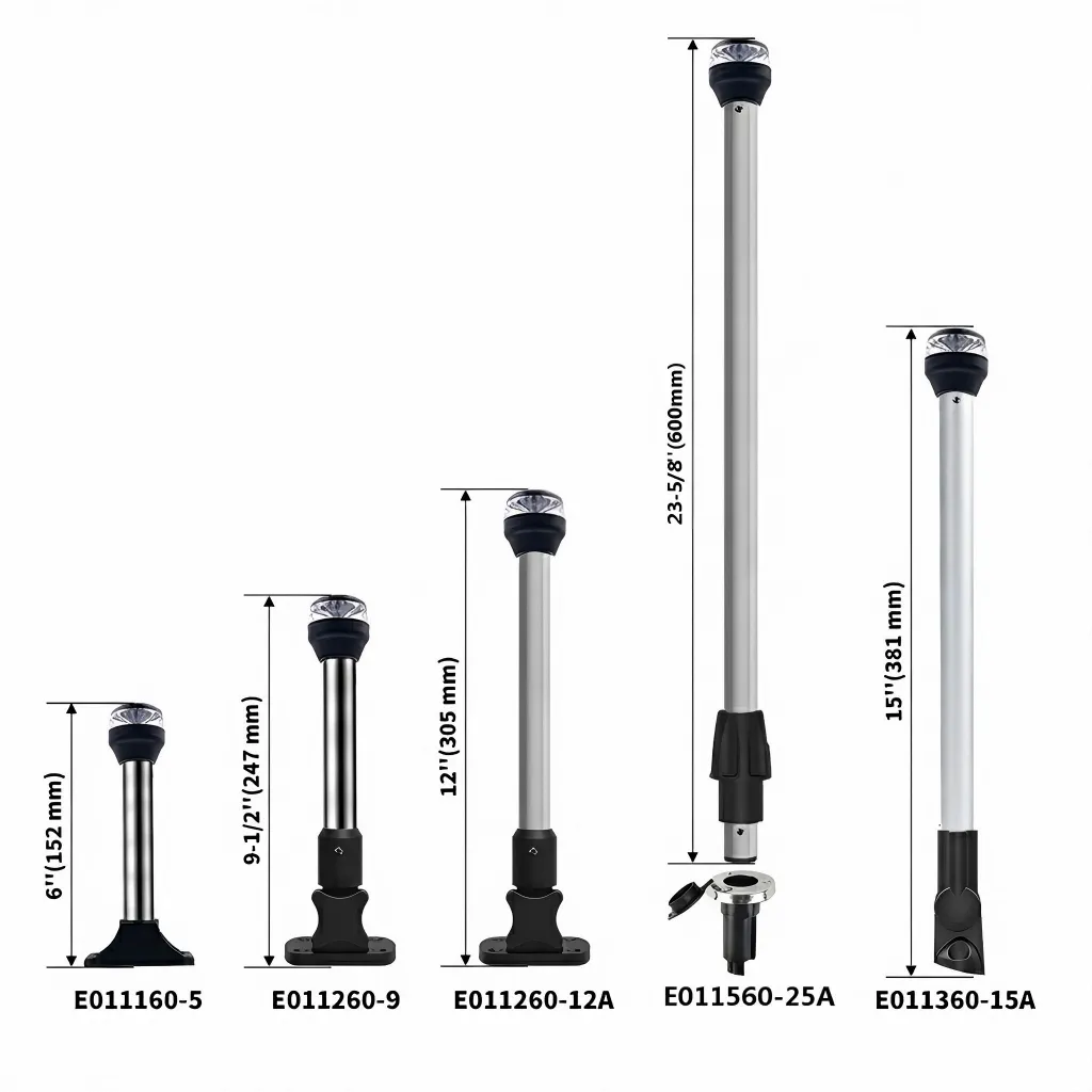 Technical dimension chart showing various pole lengths from 6 inches to 23-5/8 inches for different marine vessel configurations.