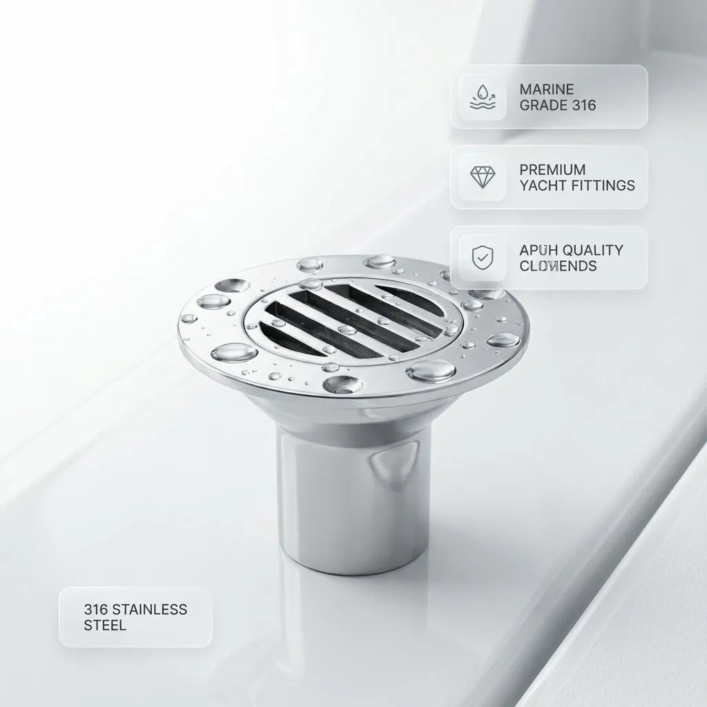 Detailed view of water beading on the mirror-polished surface of the 316 stainless steel fitting.