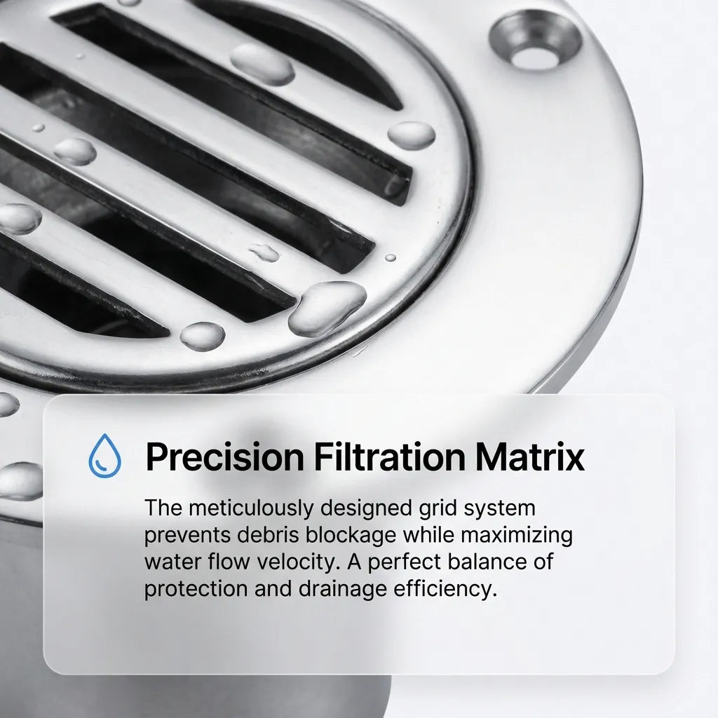 Macro shot of the precision filtration grid designed to maximize water flow while blocking debris.
