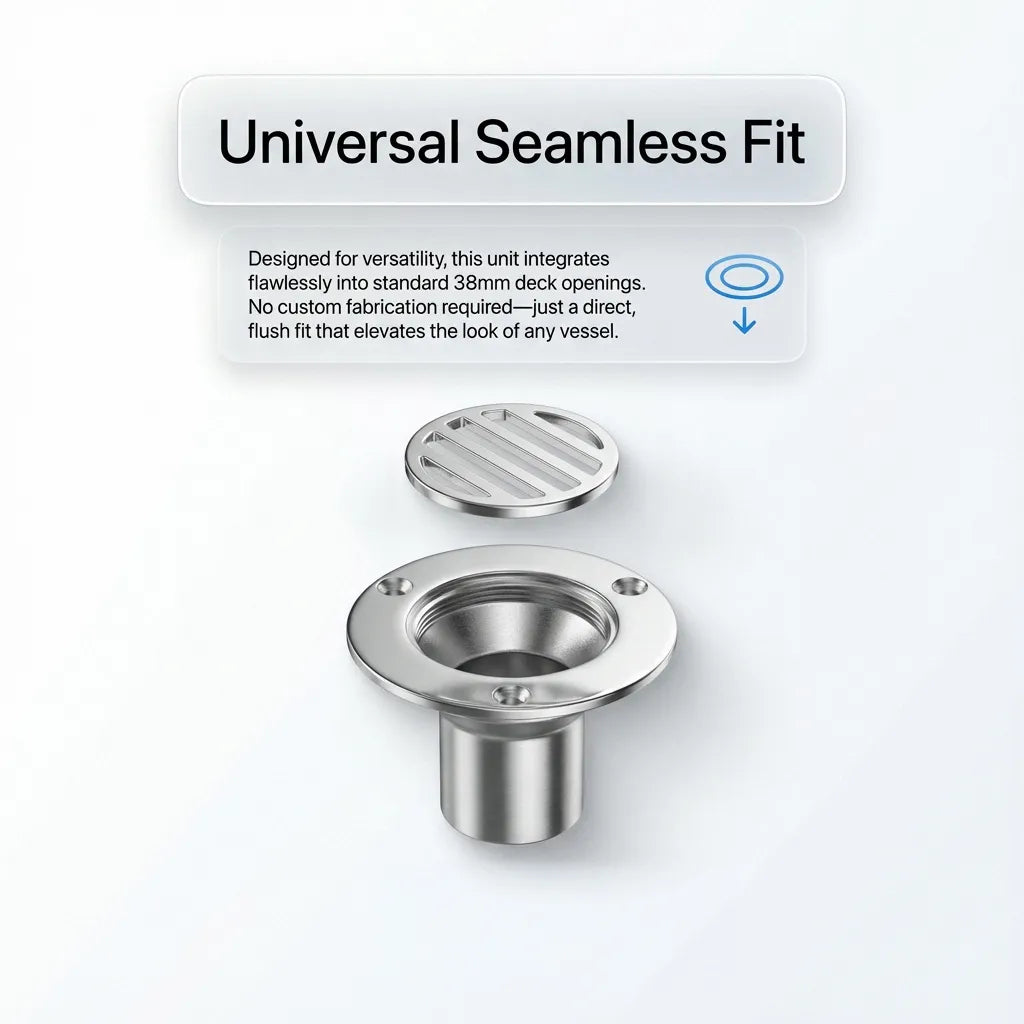 Exploded view showing the removable grate and the drain body for universal 38mm deck openings.