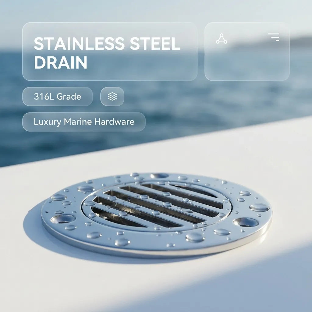 Close-up of the 316L grade stainless steel drain installed on a white boat deck with water droplets.