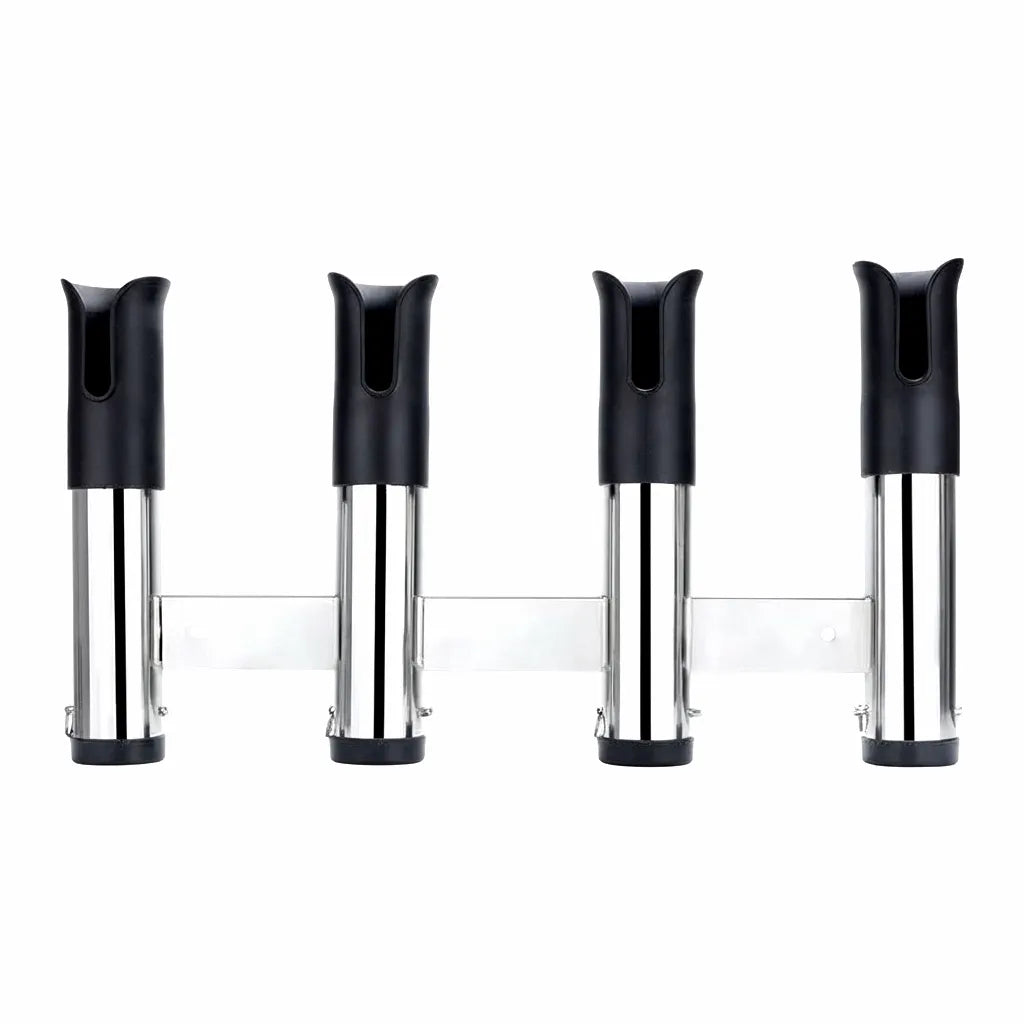 Four mirror-polished 316 marine-grade stainless steel fishing rod holders with UV-stabilized black polymer inserts, mounted on a solid stainless steel bar, designed for boat or yacht installation.