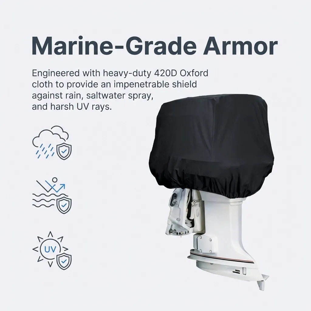 Diagram explaining 'Marine-Grade Armor' featuring 420D Oxford cloth with icons for rain, saltwater, and UV protection.