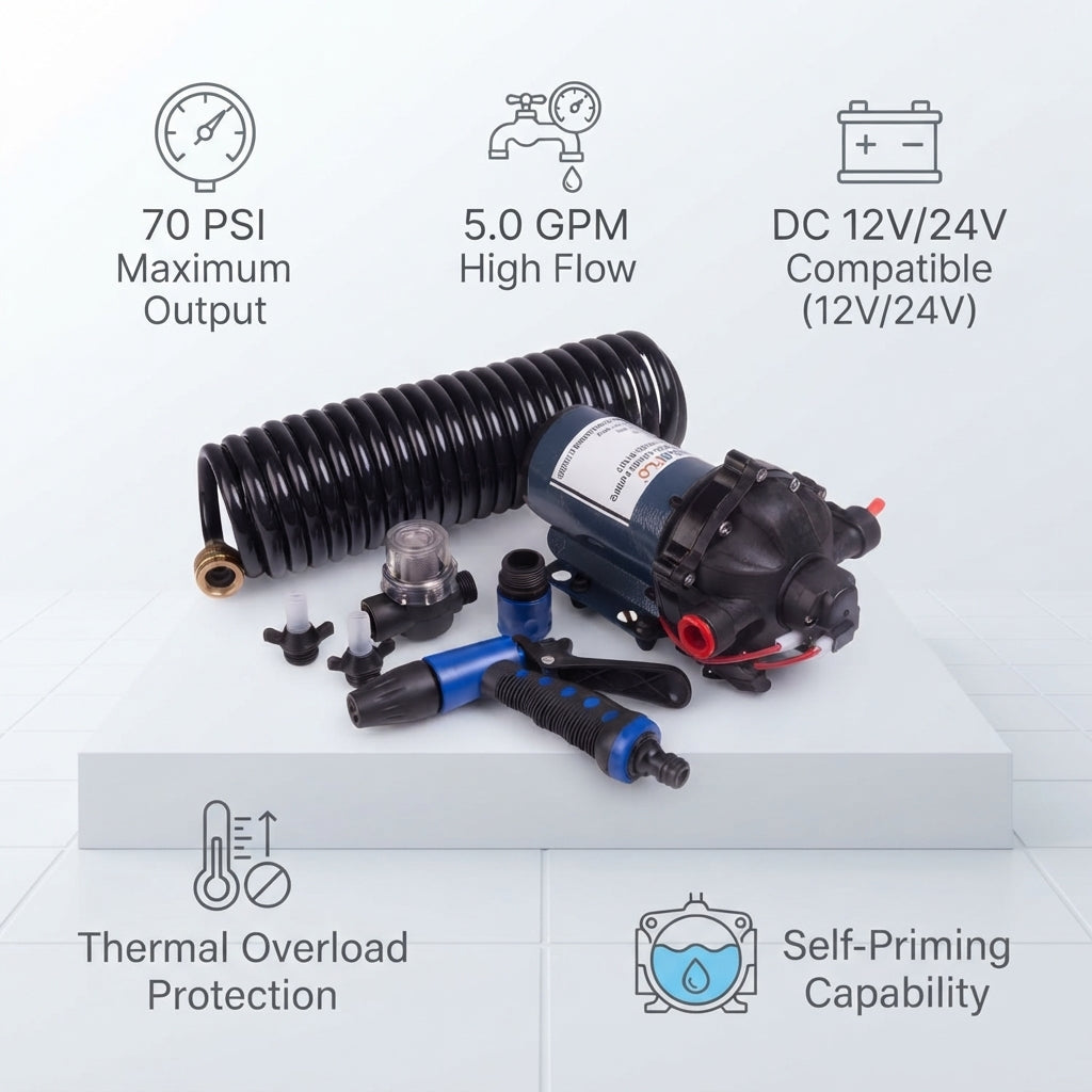 Marine Deck Washdown Pump Kit - 12V/24V High-Pressure Saltwater Diaphragm Pump