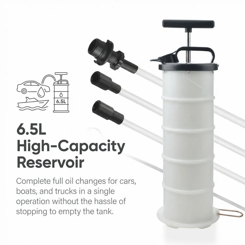 Infographic highlighting the 6.5L high-capacity reservoir, capable of completing full oil changes for cars, boats, and trucks in a single operation.