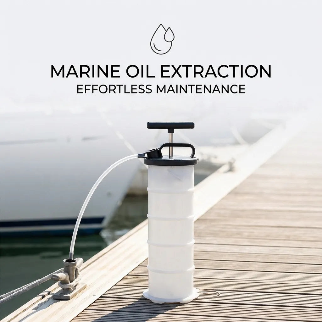 Lifestyle image of the fluid extractor on a wooden dock next to a boat, demonstrating its use for marine engine oil changes.