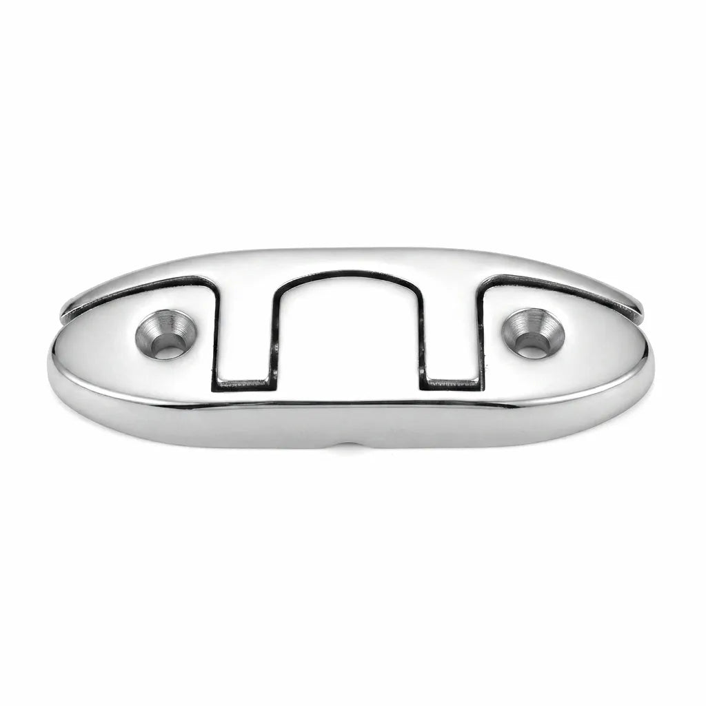 Highly polished 316 stainless steel 6-inch side-opening flush mount cleat on white background