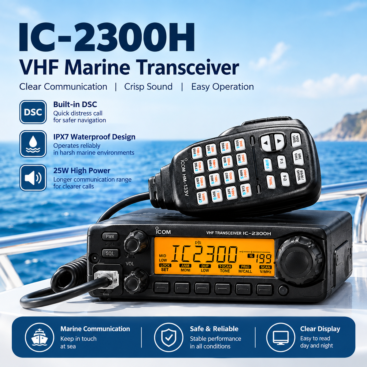 ICOM IC-M330G VHF Marine Radio - 25W High-Power, Integrated GPS, IPX7 Waterproof