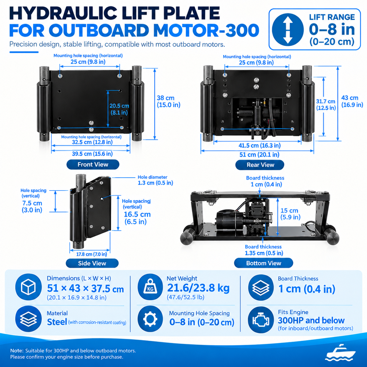 Outboard Motor Hydraulic Jack Plate - 1.7-Ton Lift, 40-60HP, Corrosion-Resistant