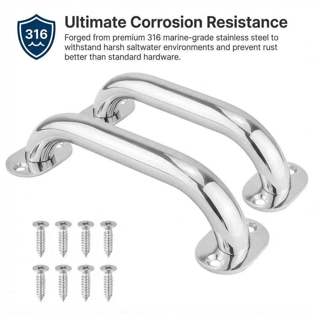 Detailed view of the grab handle base highlighting the 316 marine-grade stainless steel emblem and corrosion resistance properties.
