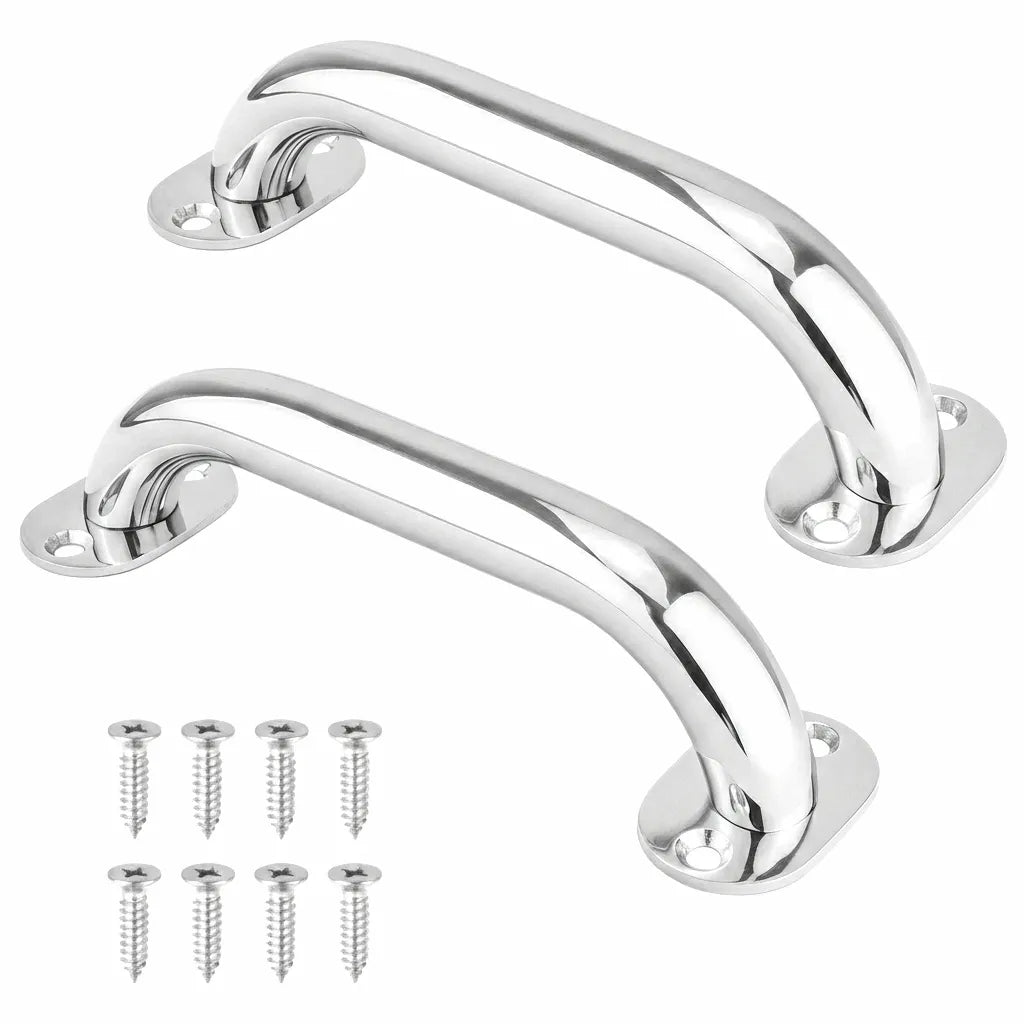 Set of two 9-inch marine-grade 316 stainless steel grab handles with 8 mounting screws on a white background.