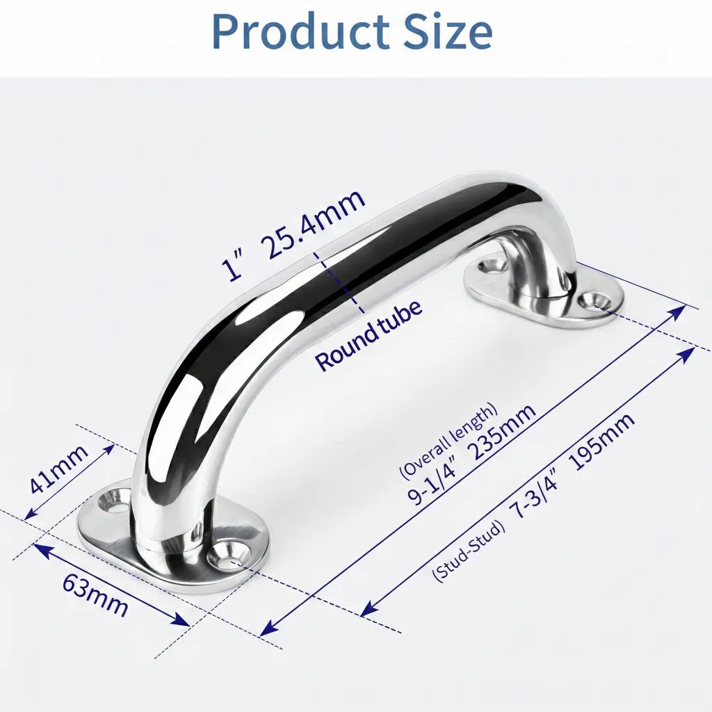Technical diagram showing handle dimensions: 9-1/4 inch overall length, 7-3/4 inch stud-to-stud, 25.4mm tube diameter, and 63mm base plate width.