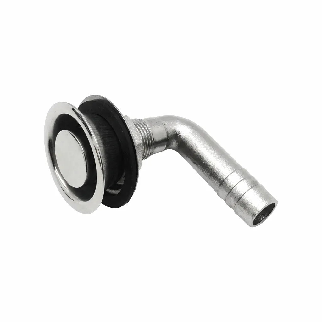 Hero shot of a 90-degree marine fuel tank vent made of mirror-polished 316 stainless steel on a pure white background.