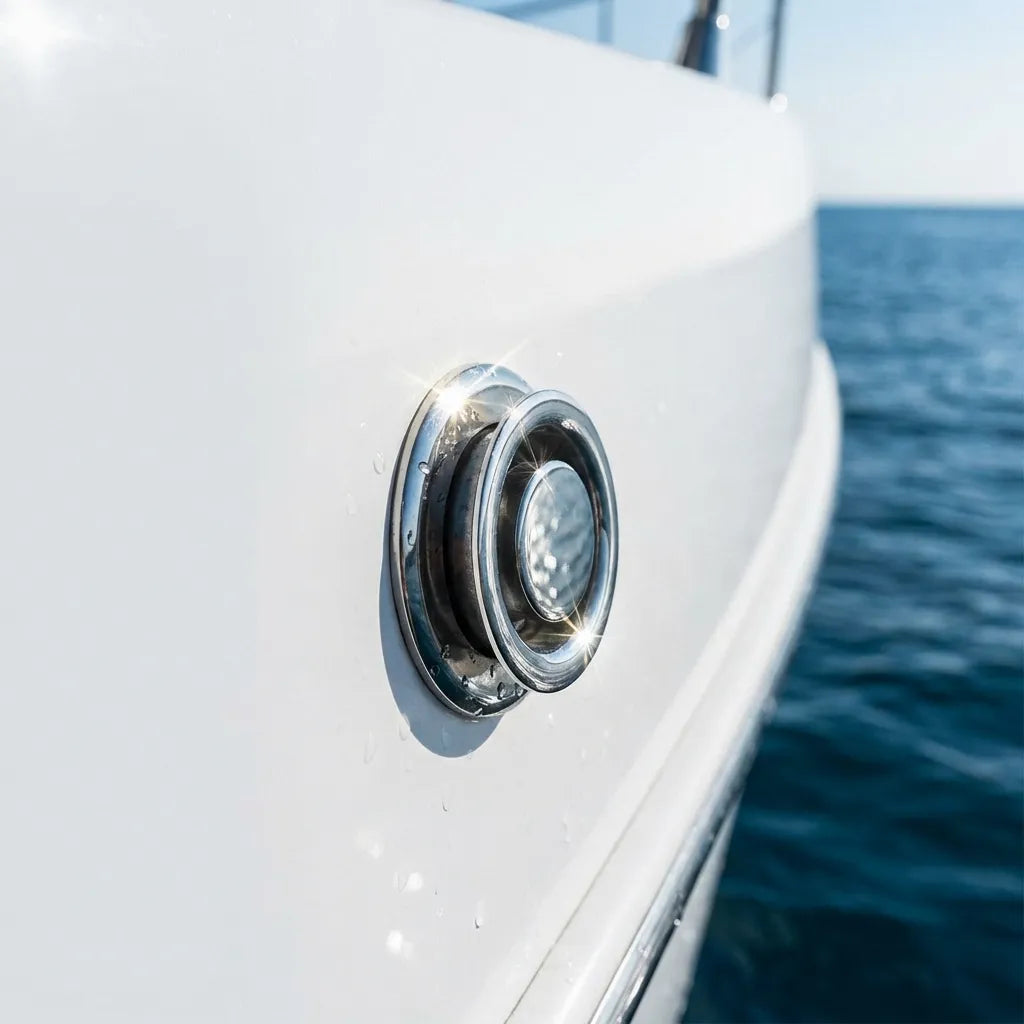 Close-up of the 316 stainless steel tank vent installed on the exterior white hull of a boat reflecting the ocean water.