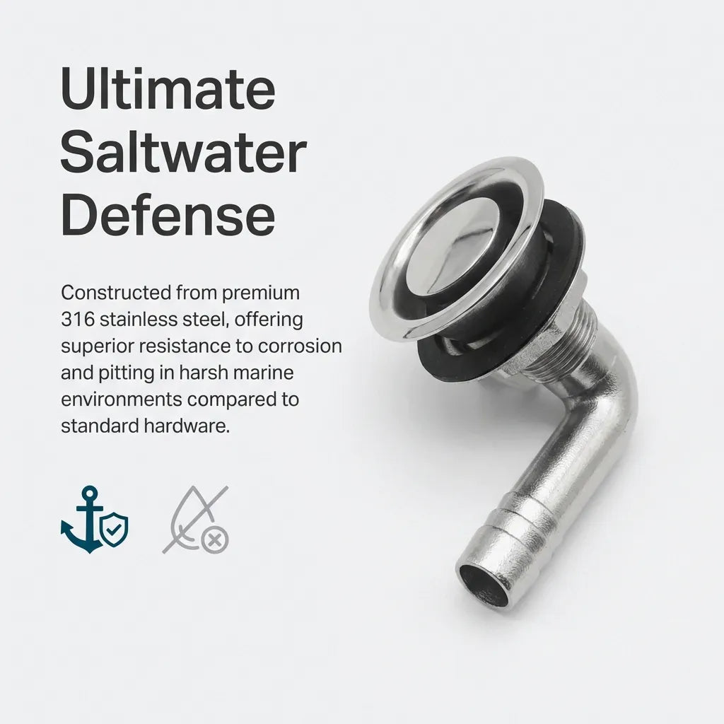 Infographic highlighting the saltwater defense of 316 stainless steel with icons for corrosion resistance.