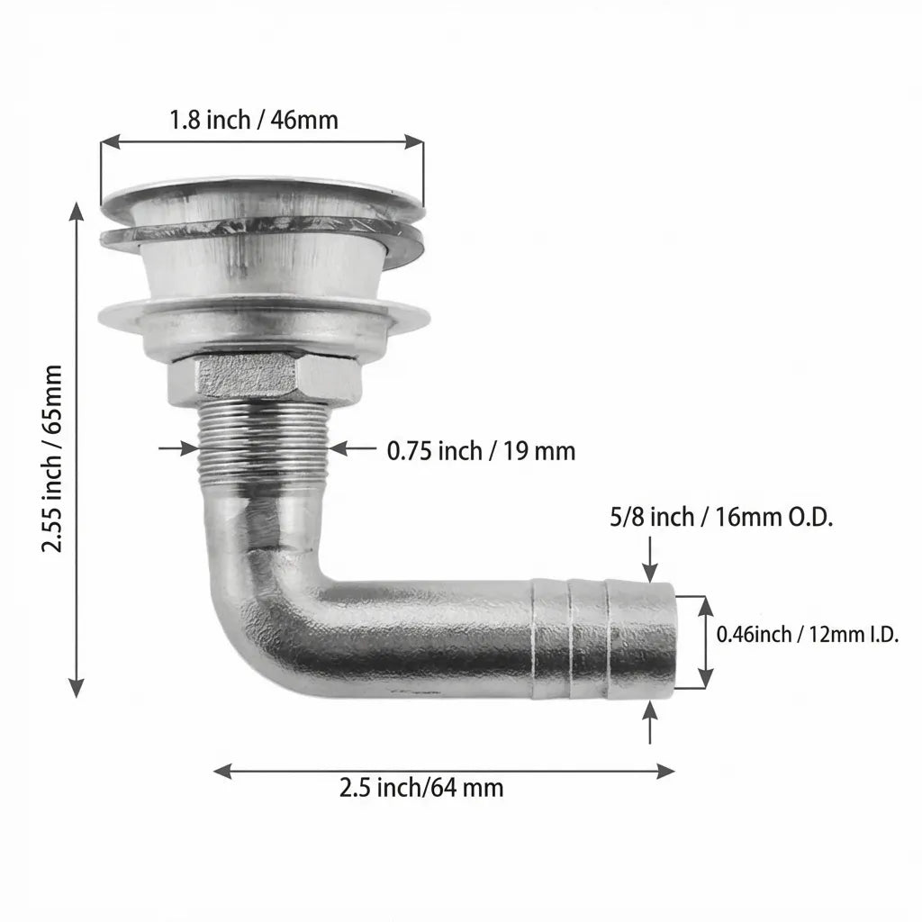 Technical dimension diagram showing 1.8 inch cap diameter, 0.75 inch thread, and 5/8 inch (16mm) hose connection.