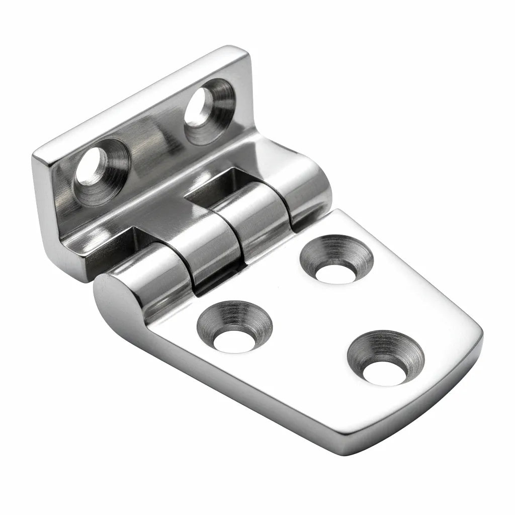 Isometric view of a premium 90-degree marine-grade 316 stainless steel offset hinge with mirror-polished finish on a pure white background.