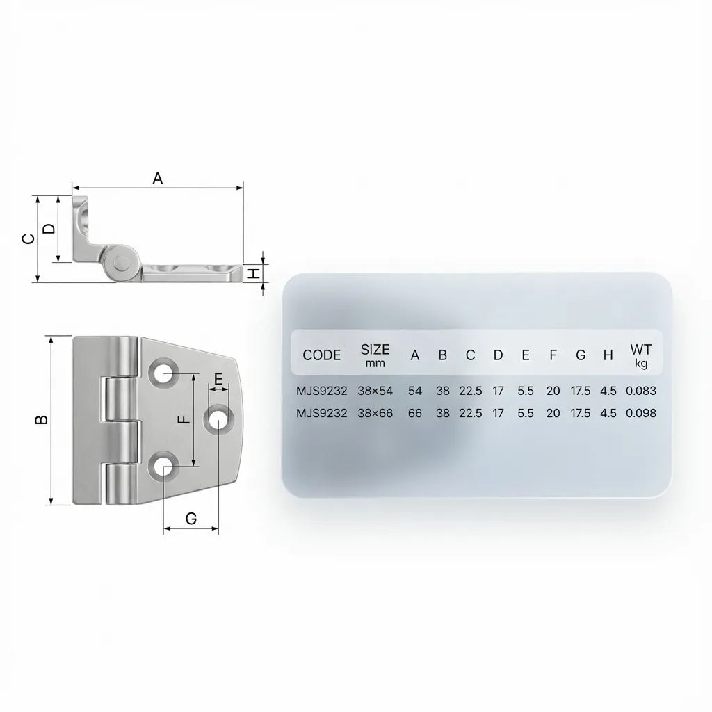 Technical dimension chart for MJS9232 hinges detailing measurements A through H and weight in kilograms for 38x54mm and 38x66mm sizes.