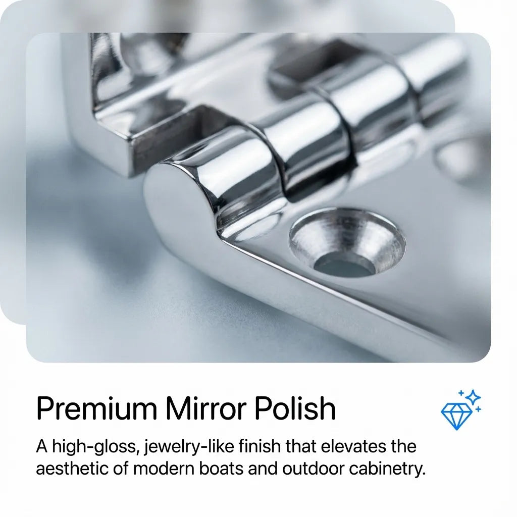Macro shot of the hinge's jewelry-like mirror-polished surface showing high-gloss reflectivity and smooth casting.