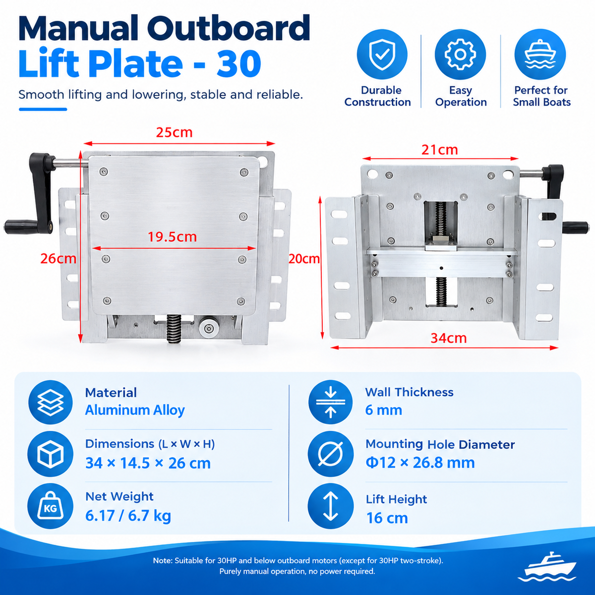 Outboard Motor Transom Lift Mount - High-Strength 6061-T6 Aluminum (Universal 30HP)