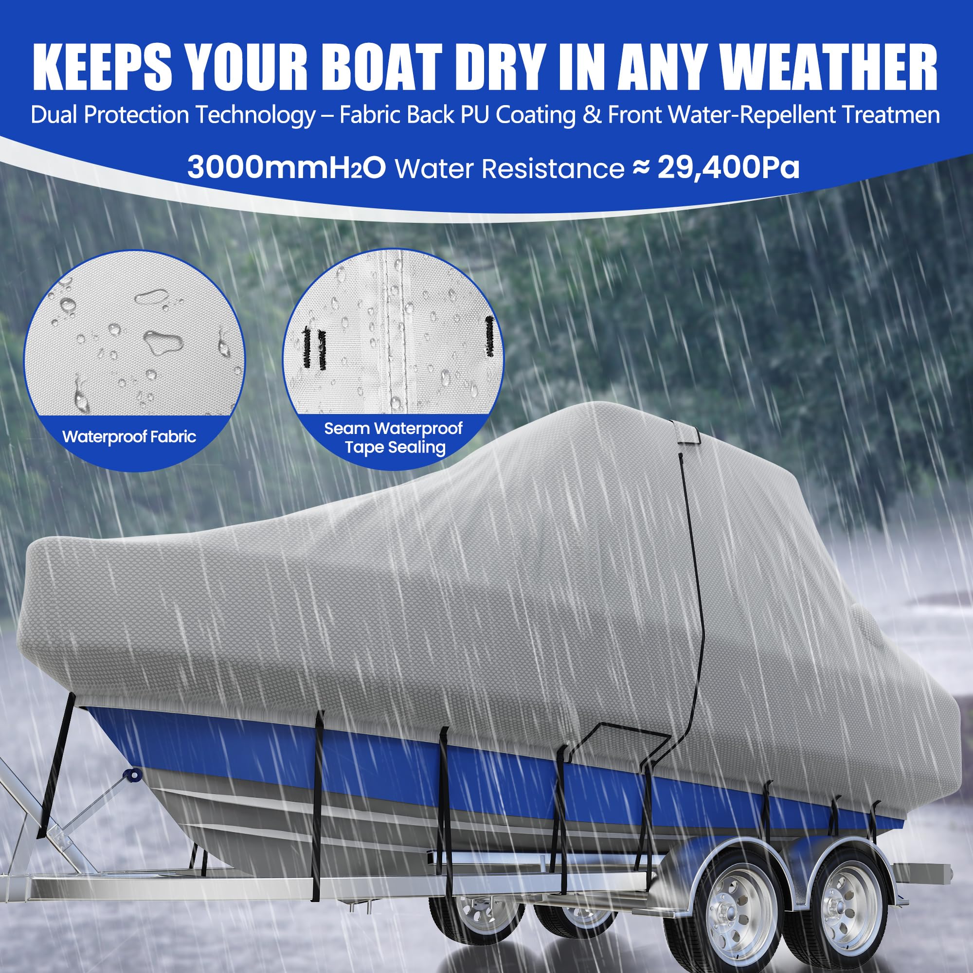 Center Console Boat Cover 18-20ft, Trailerable T-Top/Hard-Top Boat Cover, Heavy Duty Marine Grade Oxford Waterproof Boat Covers, Zipper on Both Side