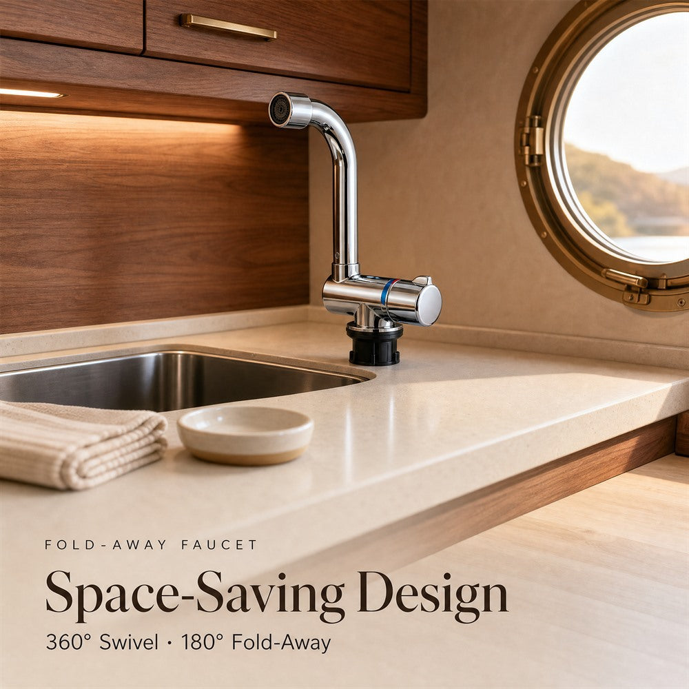 Marine Folding Hot/Cold Faucet - 360° Swivel, Brass Core, Chrome Finish