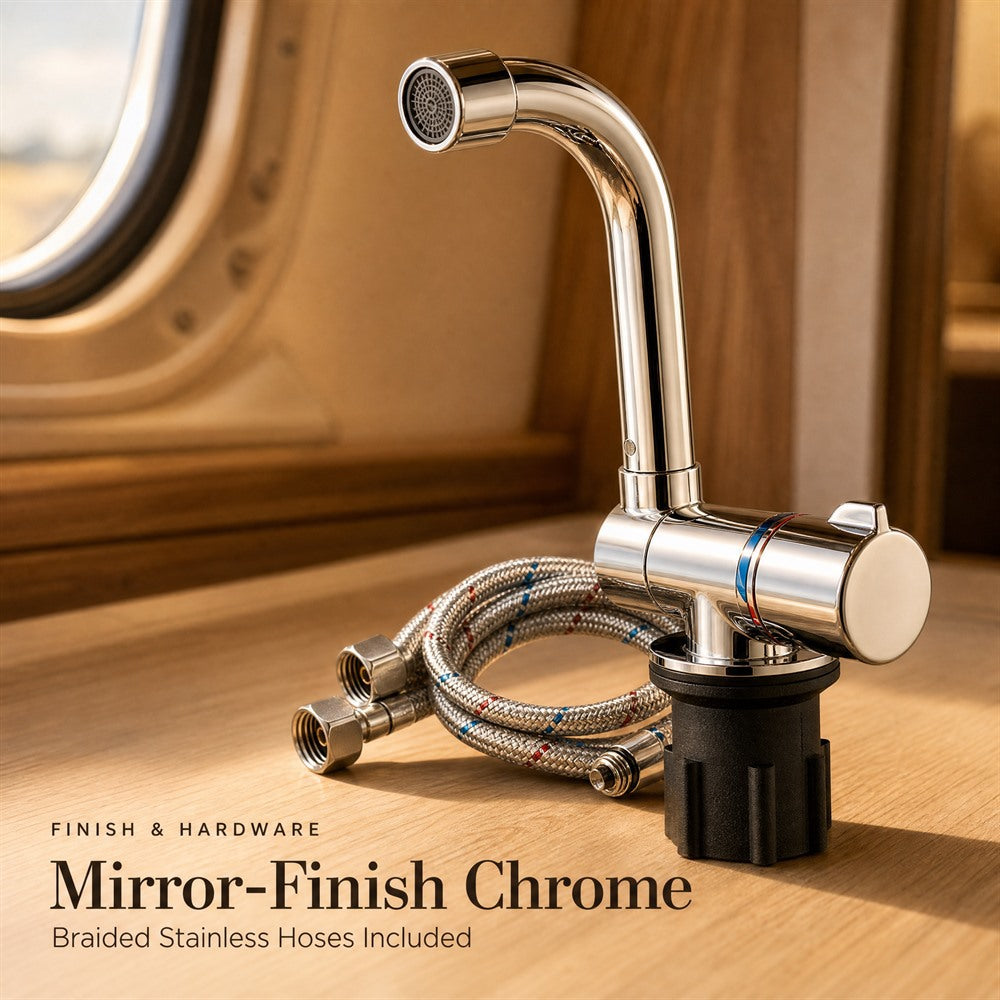 Marine Folding Hot/Cold Faucet - 360° Swivel, Brass Core, Chrome Finish