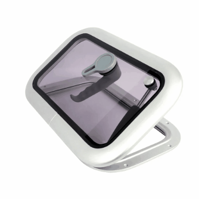 Premium Marine Deck Hatch Anodized Aluminum Smoky Acrylic Universal with Internal Latch and Silver Finish